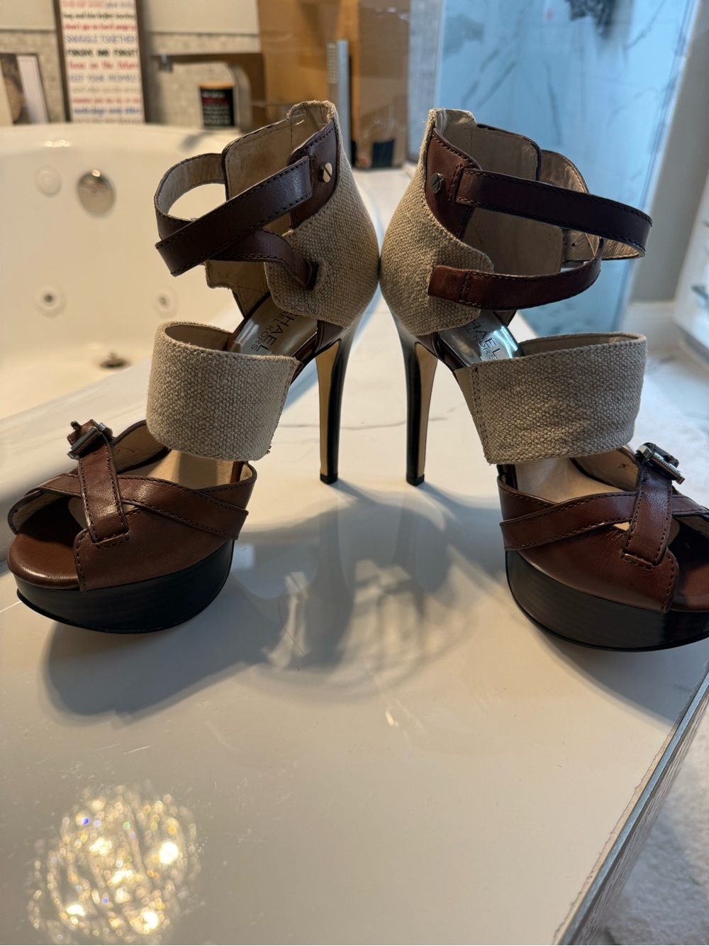 Michael Kors Brown and Cream Strappy Platform Stiletto Heels